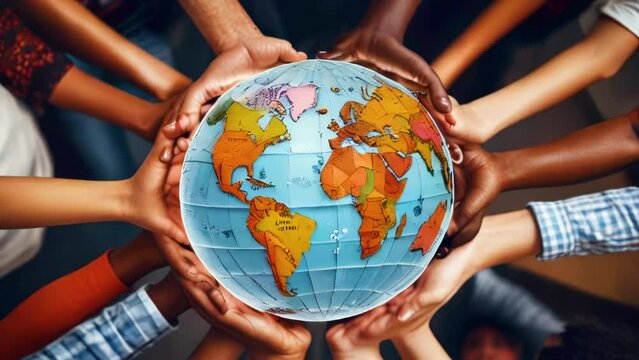 People of different ethnic groups holding globe, top view. Hands of diverse people inhabiting planet earth who prefer friendship and effective dialogue.