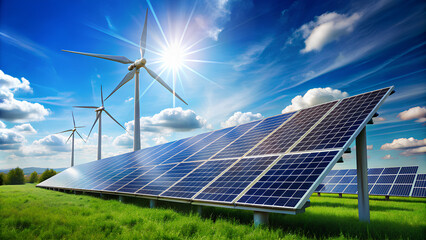 Solar cell plant under blue sky. Powerplant with photovoltaic panels and eolic turbine. eco energy concept.