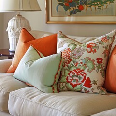 Orange and pale green pillows on the sofa