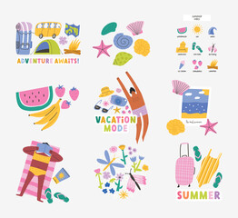 Set of colorful summer compositions, cartoon flat vector illustration isolated on white background. Collection of summer prints and stickers with funny characters and text.