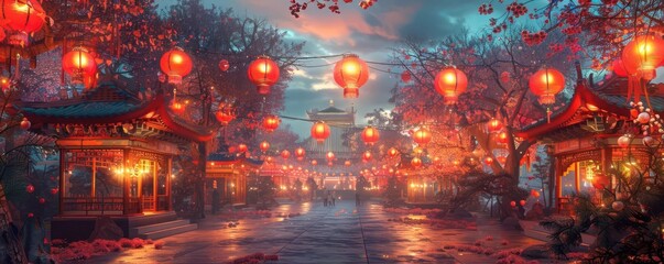 Naklejka premium Street lined with lanterns at night, creating a warm and inviting atmosphere.