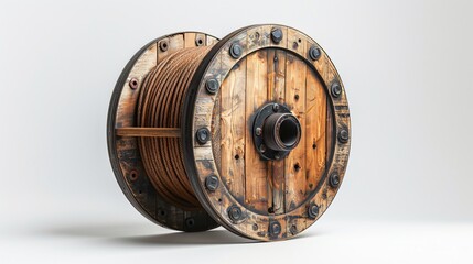 Naklejka premium Retro meets Modern Vintage Wooden Spool with Electric Cables on White Background