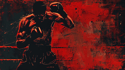 Portrait of African American boxer with red gloves, naked torso and smoke in the background illuminated by red light. Black background, studio shot