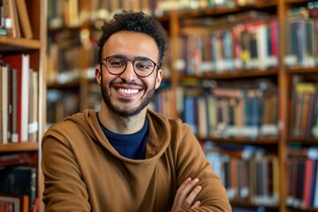 Fototapeta premium Adult Arab Librarian man, in a library with glasses, smiling and inviting to come
