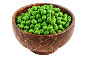 Green peas in wooden bowl isolated on transparent background