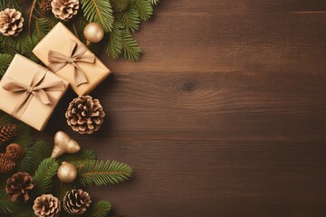 Christmas composition with fir tree branches pine cones gift boxes tag and ribbons Flat lay with blank copy space with generative ai