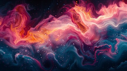 Fototapeta premium Abstract Swirling Liquid Art With Bubbles in Pink, Orange, and Blue Hues