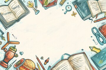 Colorful educational illustration with school supplies including books, pencils, globe, and other stationery. Blank center for copy space.