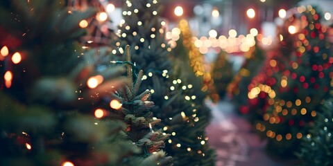 Festive Glow Blurred Lights of a Christmas Tree Farm, Christmas tree farm lights, Holiday season decorations, Festive winter scenes, Blurred Christmas lights
