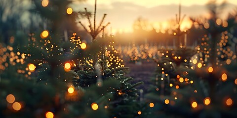 Fototapeta premium Enchanting Ambiance Soft Focus on a Christmas Tree Lot, Christmas tree lot photography, Holiday tree farm ambiance, Soft focus winter scene, Festive tree lot atmosphere