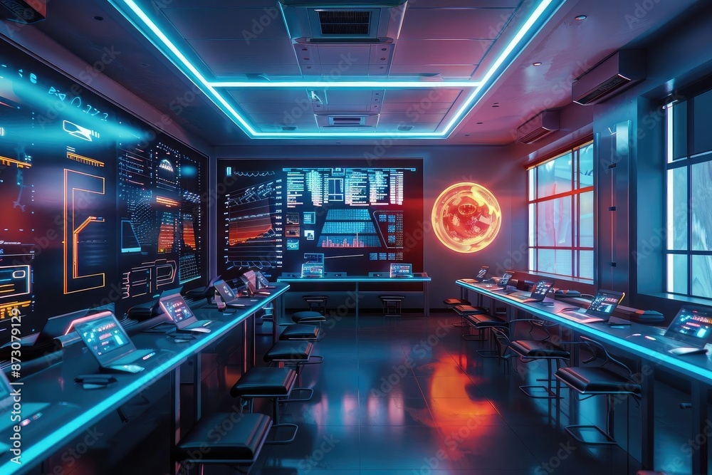 Poster Futuristic control room with advanced computer technology and neon lights, showcasing modern tech workspace and data analysis capabilities.