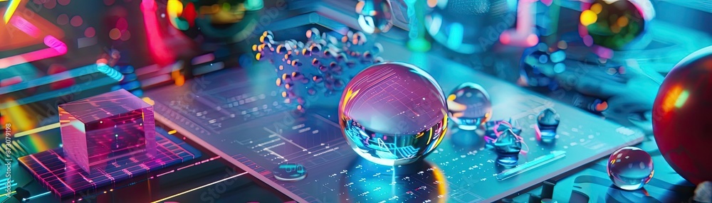 Aufkleber futuristic digital circuit board with colorful lights and metallic spheres representing technology i