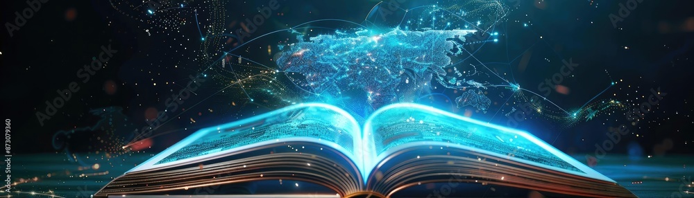 Poster open book with glowing magical lights and sparkles, representing knowledge, fantasy, and wisdom in a