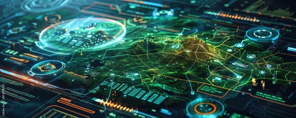 Poster futuristic digital interface displaying complex holographic data, connectivity, analytics, and techn