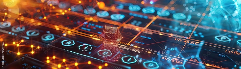 Leinwandbilder Futuristic technological interface with holographic elements, data visualization, and interconnected network nodes in glowing colors.