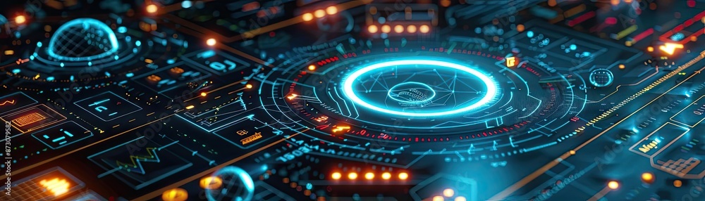 Poster Futuristic digital interface with glowing elements, showcasing advanced technology and innovation in a high-tech setting.