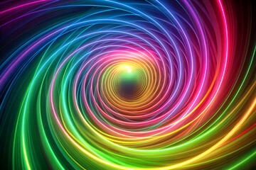 Vibrant spiral neon lines. Colorful, glowing abstract background on dark canvas.