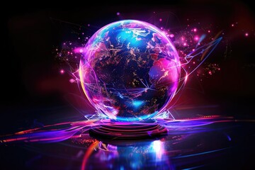 Futuristic glowing globe with vibrant neon colors and light effects, symbolizing technology, innovation, and global connectivity.