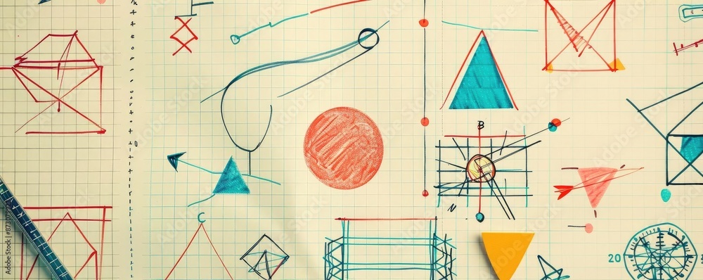 Poster colorful geometry drawings and equations on graph paper. mathematics concepts, geometry shapes, and 