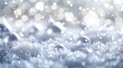 A glamorous bokeh effect background with clusters of bright silver and pearl white lights, resembling a luxurious winter gala under a blanket of soft snow.