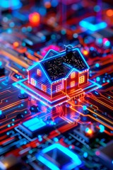 Obraz premium smart home concept house on circuit board with neon lights.