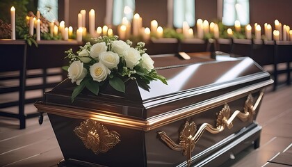Closeup of modern Coffin in the church with fresh flowers, candles, funeral ceremony. Organization of funerals, farewell to the dead