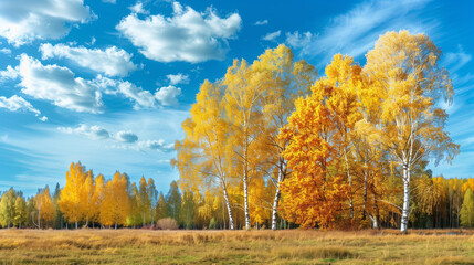 Fototapeta premium An autumn landscape with colorful birch trees in a meadow, where their leaves turn shades of gold and the sky is bright and cloudless, emphasizing the beauty and peace of the surrounding nature.
