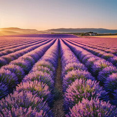 Obraz premium Stunning Lavender Field in Full Bloom with Golden Sunlight and Clear Blue Sky Purple and Blue Colours
