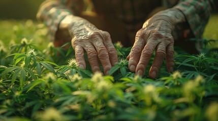 Drug legalization background - Closeup of old man's hands tending a marijuana cannabis plant