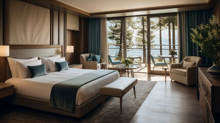 Luxurious Hotel Room with King-Sized Bed and Balcony Overlooking a Scenic Lake and Pine Trees. Generative AI