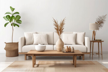 Modern living room with minimalist Japandi interior design, featuring clean lines, Scandinavian and Japanese influences, and a serene atmosphere. Perfect for home decor inspiration.