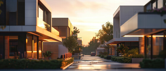 Obraz premium Urban living with modern modular private townhouses in a new development. Photographed in early morning light, highlighting contemporary architecture.