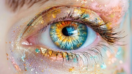 Close-up of a vibrant, colorful eye with artistic glitter and makeup, showcasing creativity and beauty in fine detail.