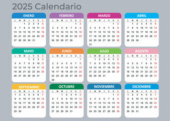 Calendar 2025 Year mockup. Spanish version. Annual horizontal template with colored tabs on gray background. Modern design. Editable format. EPS10.