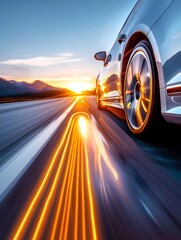 Dynamic shot of a speeding car on the road at sunset, capturing motion and the essence of fast-paced travel.