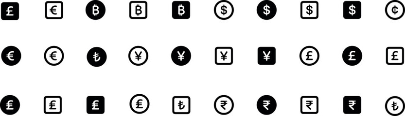World Currency Line and Silhouette Icon Set. Euro, Usd Dollar, Bitcoin, Yen, Franc, Pound Sterling Pictogram. Money Symbols and Cryptocurrency Sign. Editable Stroke. Isolated Vector Illustration.