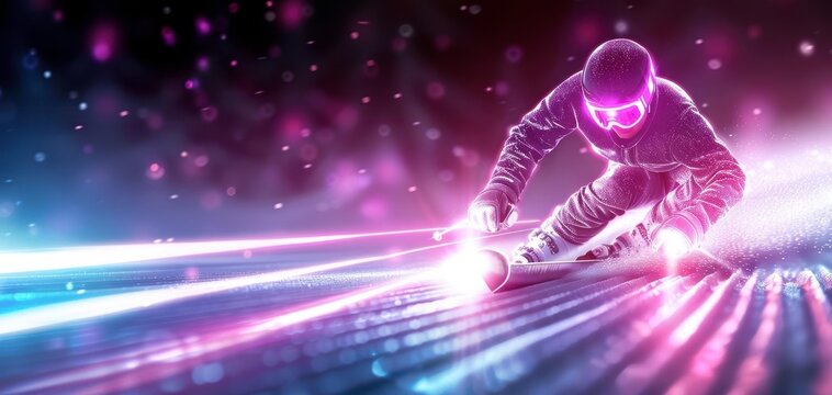 Futuristic athlete in sleek suit skiing at high speed through a luminous, technicolor track with a cosmic backdrop.