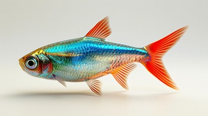 Fototapeta premium Vivid 3D Neon Tetra Fish with Glowing Blue and Red Body in Perfect Lighting on White Background