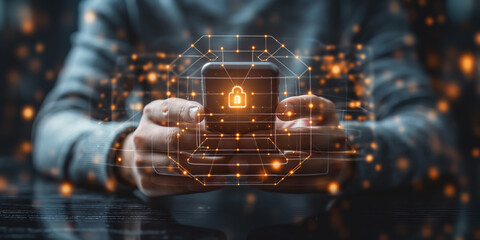 Cybersecurity Concept with Glowing Lock Icon and Digital Network in Hands