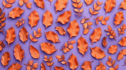 A kaleidoscopic pattern of dry orange metallic leaves on a violet background, featuring a blend of psychedelic colors and intricate details, creating a mesmerizing visual