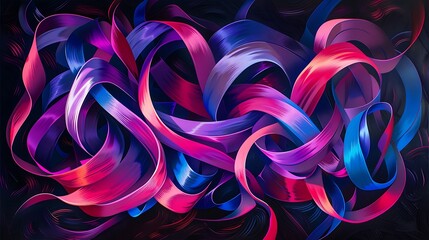An abstract composition of swirling neon ribbons in shades of vibrant magenta and electric blue, weaving a mesmerizing tapestry against a deep, inky black backdrop.