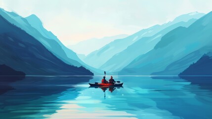 Fototapeta premium A couple kayaking on a serene lake surrounded by mountains
