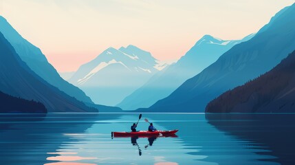 Fototapeta premium A couple kayaking on a serene lake surrounded by mountains