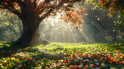 Obraz premium A beautiful tree with leaves in the sunlight, surrounded by green grass and colorful flowers under it. In autumn, there is some fallen leaves scattered around.