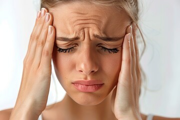 Fototapeta premium A woman appears to be in distress, holding her head with both hands and frowning deeply. Her expression conveys a strong sense of pain, frustration, and stress.