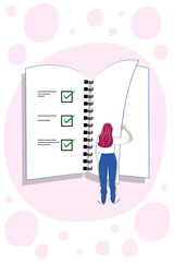 Vector illustration in cartoon style. Concept of woman holding todo, to-do list or checklist with checking of compete tasks. Checkboxes in test document, questionnaire survey form, control list.