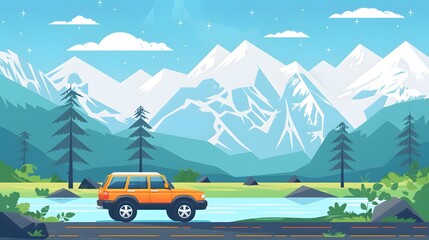 car for traveling with a lakes and mountains views, generative Ai
