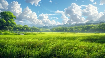 Obraz premium Lush Green Rice Paddy Field Under a Sunny Sky With Rolling Hills in the Distance