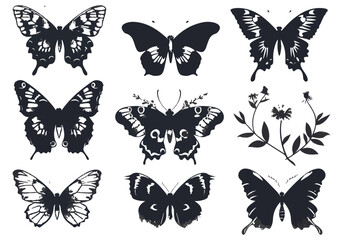 Floral butterfly silhouette set. Vector monochrome illustration isolated on white background. Various moths with flower wings.