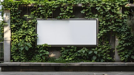 Fototapeta premium A blank white banner hung on the wall of an outdoor advertising structure in urban, with green plants and trees visible behind it.